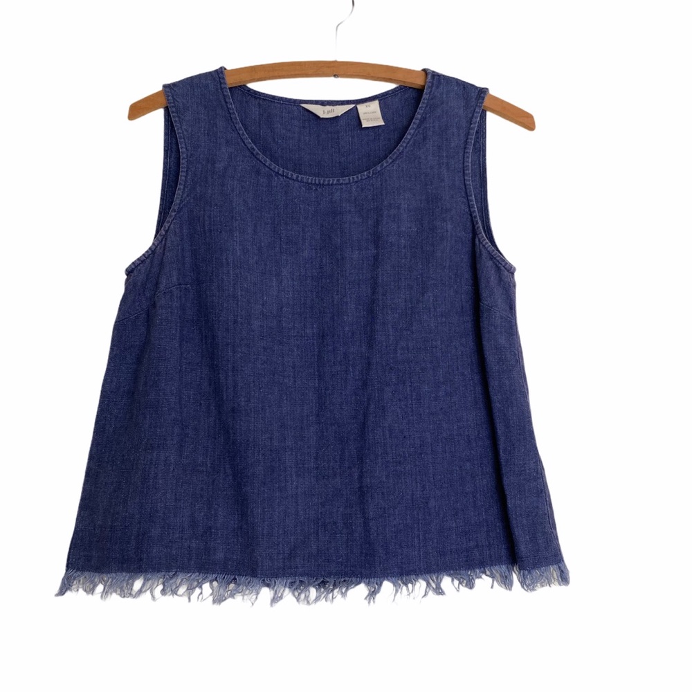 J. Jill 100% linen denim look frayed hem top